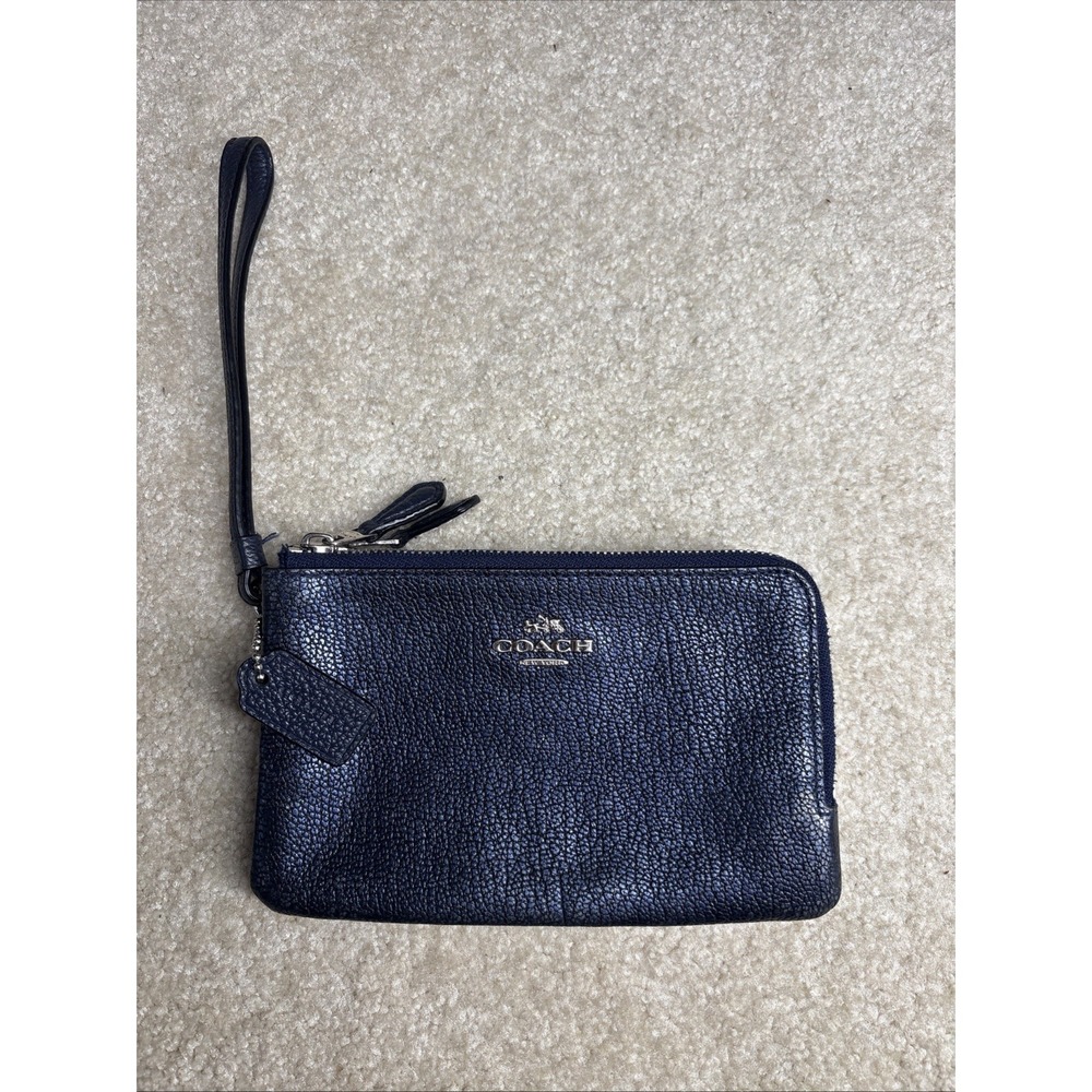 Coach Double Corner Zip Wristlet Metallic Midnight Blue Pebble Leather